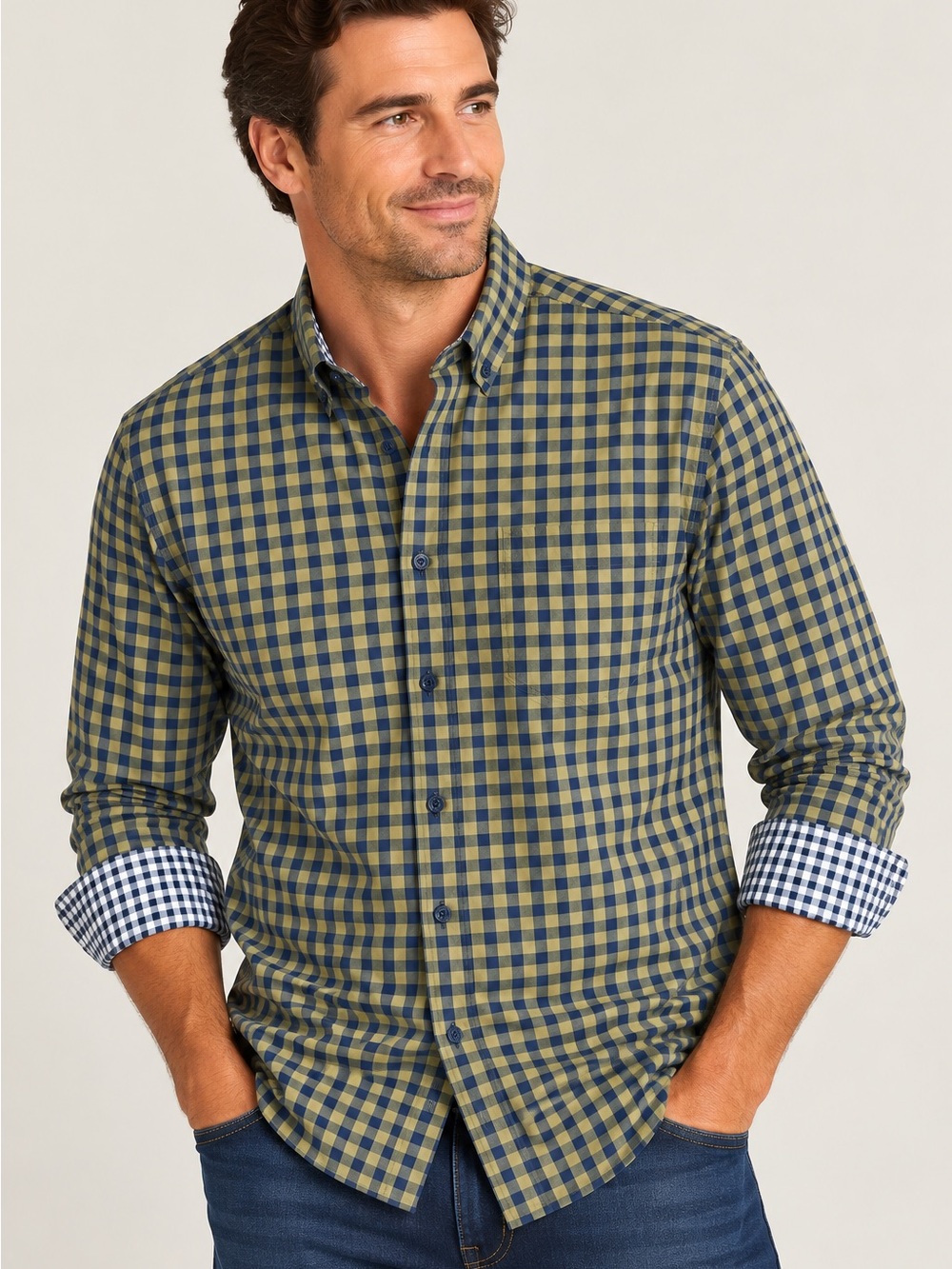 Johnston & Murphy XC4 Navy Olive Gingham Stretch Shirt Men’s L 🟫